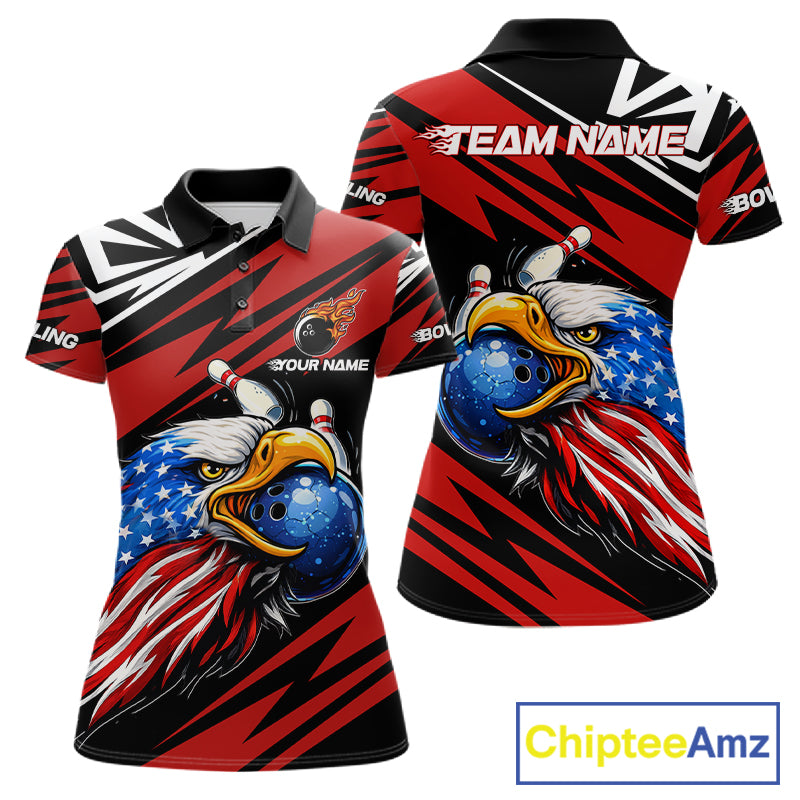 Custom Black and Red Camo American Flag Eagle Bowling shirts for Women, patriotic bowling team shirts NQS11609