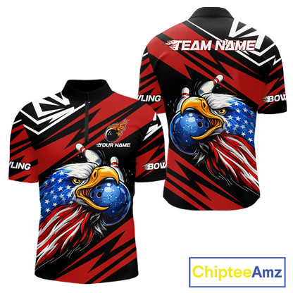 Custom Black and Red Camo American Flag Eagle Bowling shirts for men, patriotic bowling team shirts NQS11609