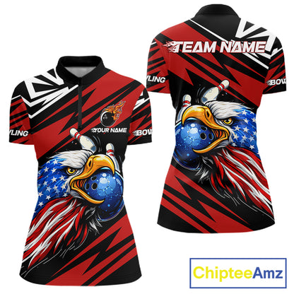 Custom Black and Red Camo American Flag Eagle Bowling shirts for Women, patriotic bowling team shirts NQS11609