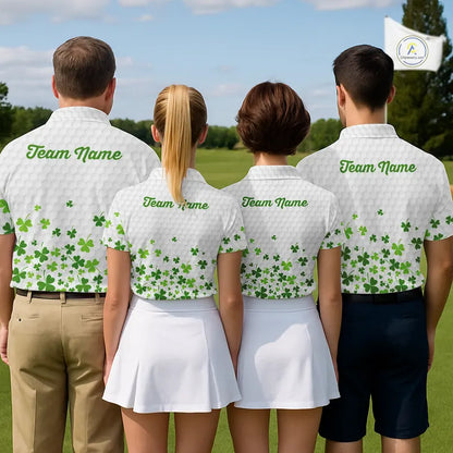 Custom Green shamrock pattern White Golf Polo shirts for men, St Patrick's day team mens golf wears NQS11610