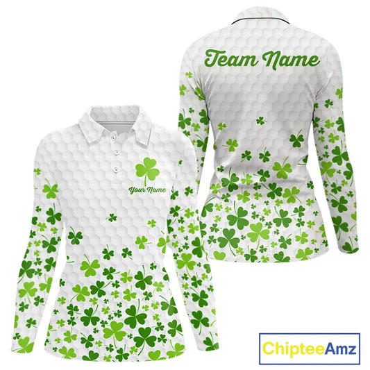 Custom Green shamrock pattern White Golf Polo shirts for Women, St Patrick's day ladies golf shirts NQS11610