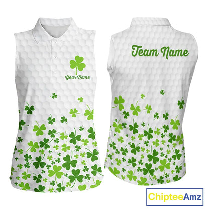 Custom Green shamrock pattern White Sleeveless Golf Polo shirt, St Patrick's day ladies golf shirts NQS11610