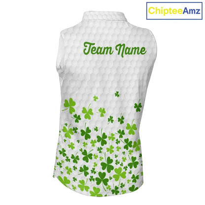 Custom Green shamrock pattern White Sleeveless Golf Polo shirt, St Patrick's day ladies golf shirts NQS11610