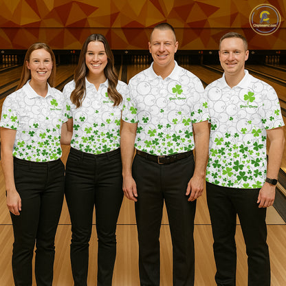 Custom Green shamrock pattern White Camo Bowling shirts for men, St Patrick's day team bowling shirts NQS11611
