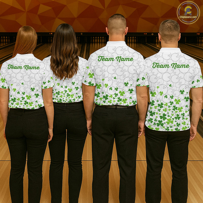 Custom Green shamrock pattern White Camo Bowling shirts for men, St Patrick's day team bowling shirts NQS11611
