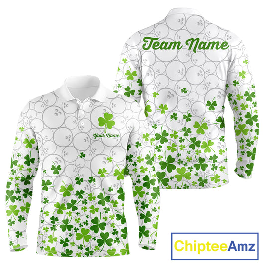 Custom Green shamrock pattern White Camo Bowling shirts for men, St Patrick's day team bowling shirts NQS11611