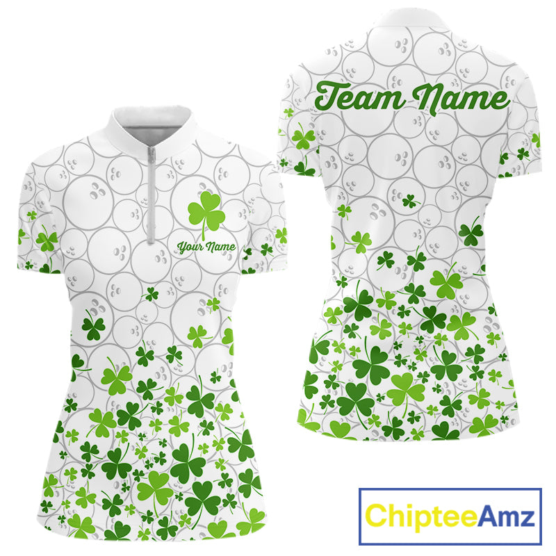 Custom Green shamrock pattern White Camo Bowling shirts for Women St Patrick's day team bowling shirt NQS11611