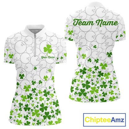 Custom Green shamrock pattern White Camo Bowling shirts for Women St Patrick's day team bowling shirt NQS11611