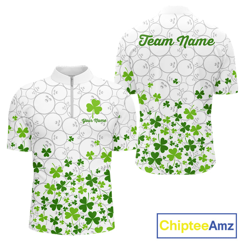 Custom Green shamrock pattern White Camo Bowling shirts for men, St Patrick's day team bowling shirts NQS11611