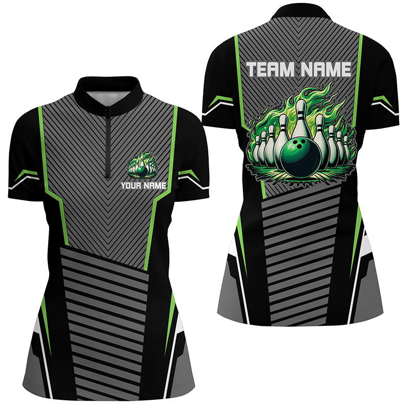 Green flame Bowling Polo, 1/4 Zip Shirt for Women Custom Black Bowling Team Jerseys gift for bowlers NQS7590