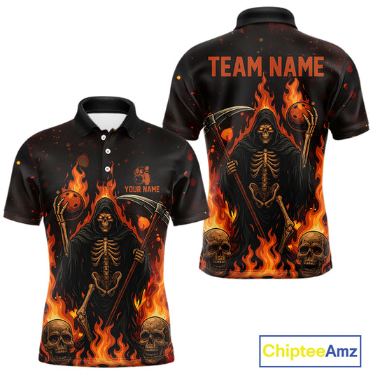 Black And Orange Flame Reaper Skull Custom Halloween Bowling Team Shirts For Men, Bowling Gifts NQS10835