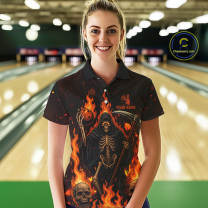 Black And Orange Flame Reaper Skull Custom Halloween Bowling Team Shirts For Women, Bowling Gifts NQS10835