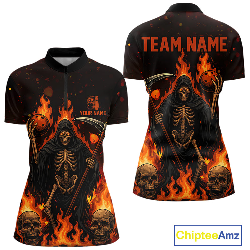Black And Orange Flame Reaper Skull Custom Halloween Bowling Team Shirts For Women, Bowling Gifts NQS10835