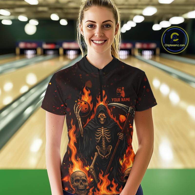 Black And Orange Flame Reaper Skull Custom Halloween Bowling Team Shirts For Women, Bowling Gifts NQS10835
