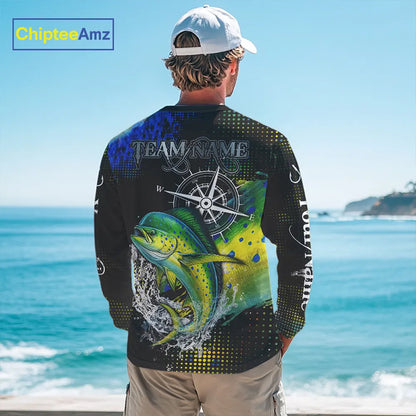 Personalized Black and Green Mahi Mahi fishing scales compass Performance long sleeve Fishing Shirts NQS11216