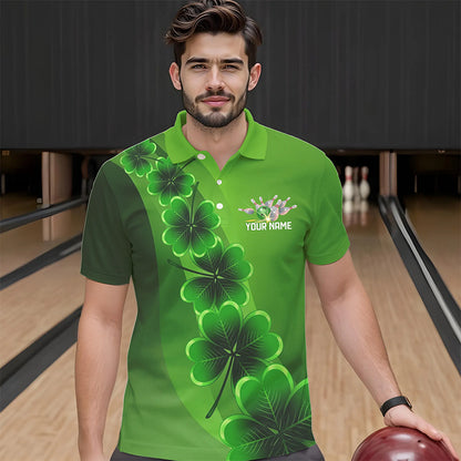 Green shamrock Lucky Bowling Polo, 1/4 Zip Shirt for Men Custom St Patrick Day Bowling Team Jerseys NQS9486