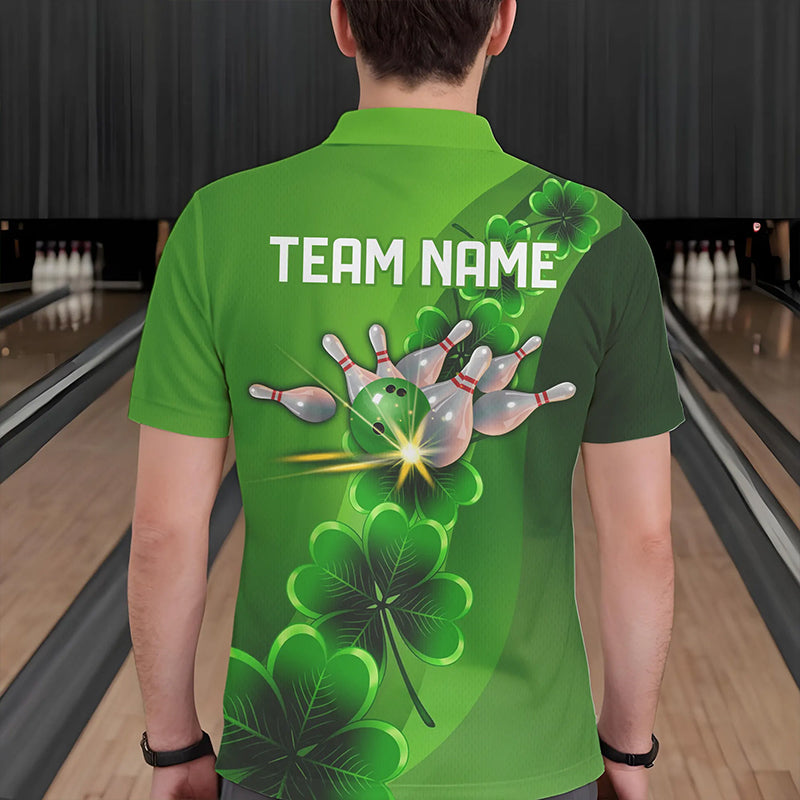 Green shamrock Lucky Bowling Polo, 1/4 Zip Shirt for Men Custom St Patrick Day Bowling Team Jerseys NQS9486