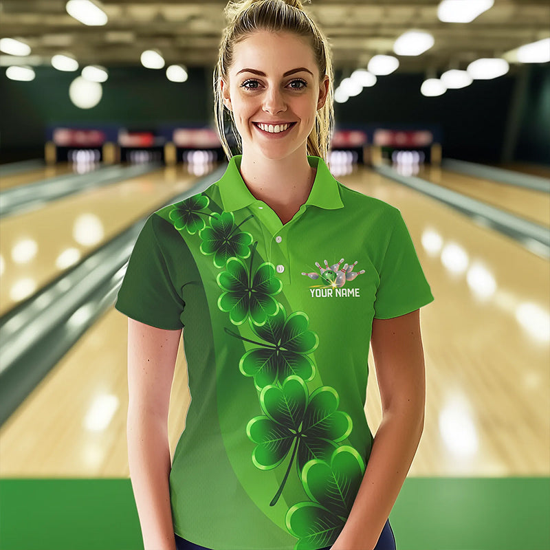 Green shamrock Lucky Bowling Polo, 1/4 Zip Shirt for Women Custom St Patrick Day Bowling Team Jerseys NQS9486