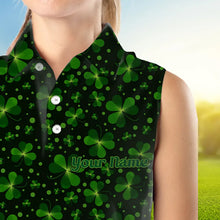 Load image into Gallery viewer, Black and Green shamrock pattern Lucky Women sleeveless polo shirt Custom St Patrick Day golf apparel NQS9648