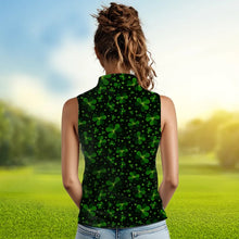Load image into Gallery viewer, Black and Green shamrock pattern Lucky Women sleeveless polo shirt Custom St Patrick Day golf apparel NQS9648