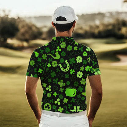 Green shamrock St Patrick Day pattern Lucky polo golf shirts for men Custom St Patrick golf attire NQS9649