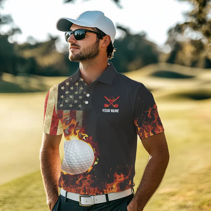 Flame Golf ball vintage American Flag Golf polo shirts for men Custom patriotic mens golf attire NQS9650