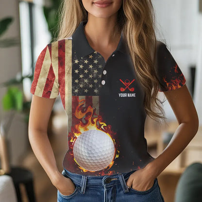 Flame Golf ball vintage American Flag Golf polo shirts for Women Custom patriotic ladies golf attire NQS9650