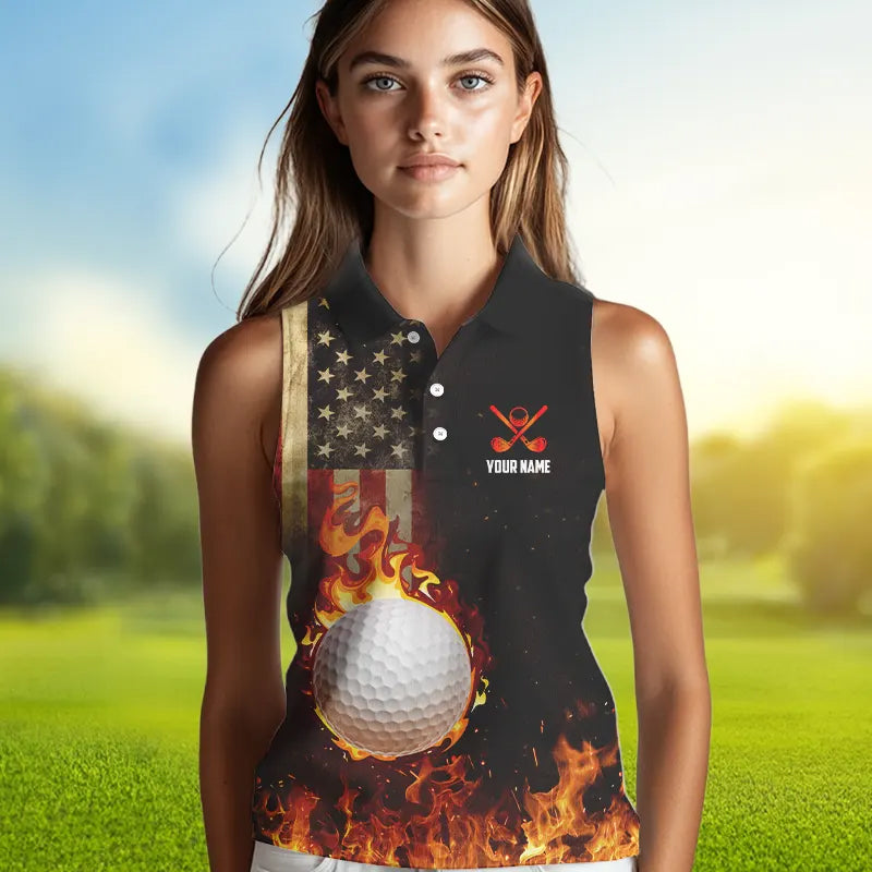 Flame Golf ball vintage American Flag Women Sleeveless Golf polo shirts Custom patriotic golf attire NQS9650