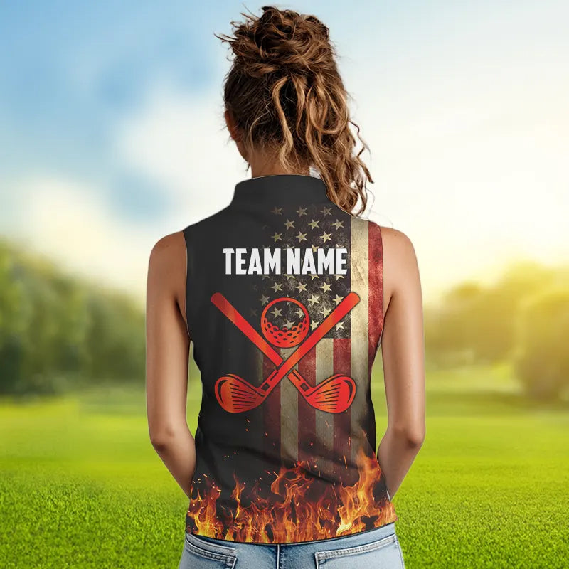 Flame Golf ball vintage American Flag Women Sleeveless Golf polo shirts Custom patriotic golf attire NQS9650