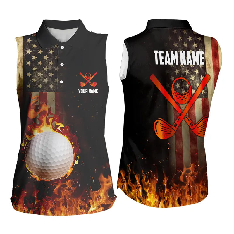 Flame Golf ball vintage American Flag Women Sleeveless Golf polo shirts Custom patriotic golf attire NQS9650
