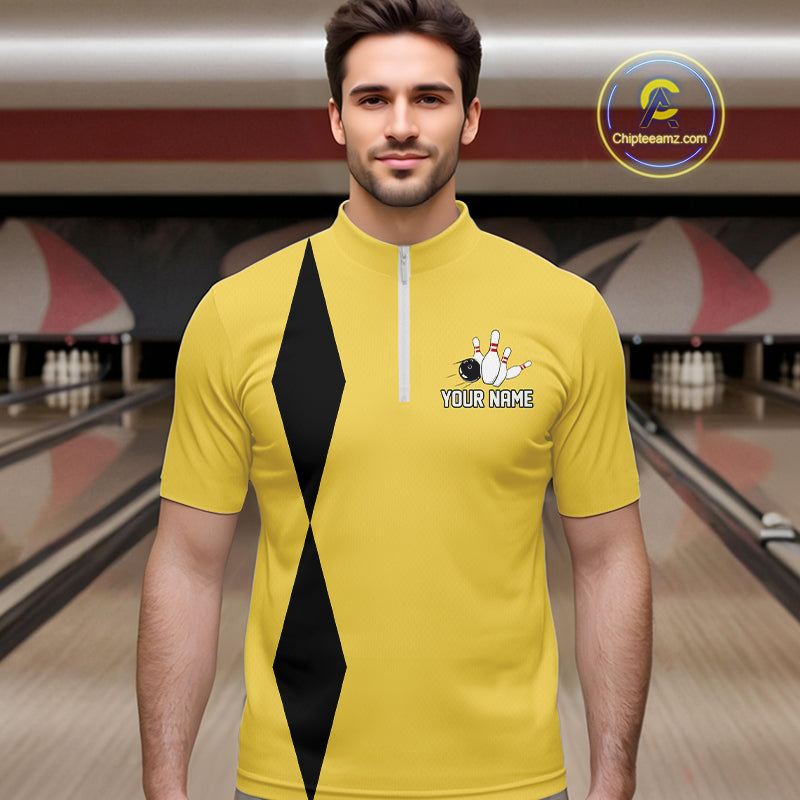 Personalized Retro Bowling Polo, 1/4 Zip Shirts For Men custom vintage bowling team jersey | Yellow NQS11013