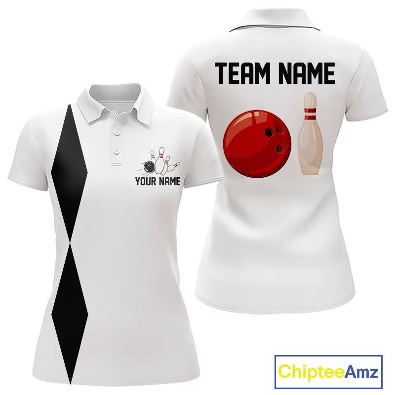 Personalized Retro Bowling Polo, 1/4 Zip Shirt For Women custom vintage bowling team jersey | White NQS11014
