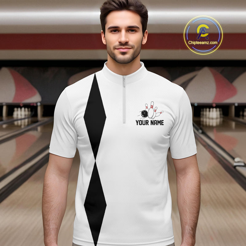 Personalized Retro Bowling Polo, 1/4 Zip Shirts For Men custom vintage bowling team jersey | White NQS11014