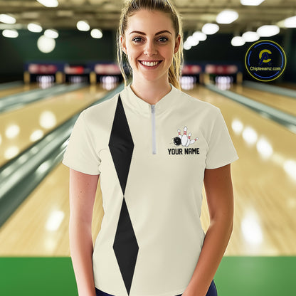 Personalized Retro Bowling Polo, 1/4 Zip Shirt For Women custom vintage bowling team jersey | Beige NQS11015