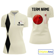 Load image into Gallery viewer, Personalized Retro Bowling Polo, 1/4 Zip Shirt For Women custom vintage bowling team jersey | Beige NQS11015