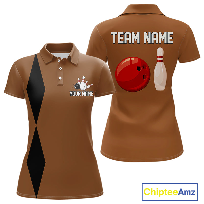 Personalized Retro Bowling Polo, 1/4 Zip Shirt For Women custom vintage bowling team jersey | Brown NQS11016