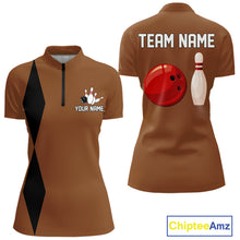 Load image into Gallery viewer, Personalized Retro Bowling Polo, 1/4 Zip Shirt For Women custom vintage bowling team jersey | Brown NQS11016