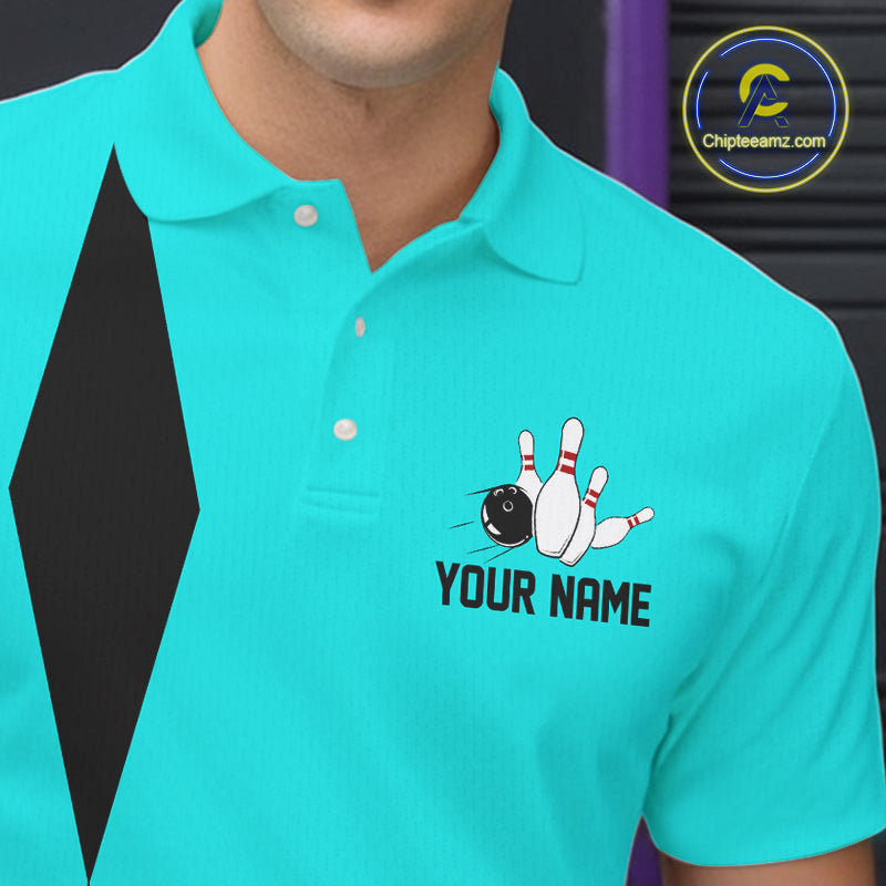Personalized Retro Bowling Polo, 1/4 Zip Shirt For Men custom vintage bowling team jersey | Cyan Blue NQS11017
