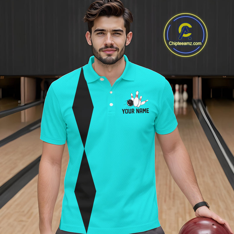 Personalized Retro Bowling Polo, 1/4 Zip Shirt For Men custom vintage bowling team jersey | Cyan Blue NQS11017