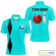 Load image into Gallery viewer, Personalized Retro Bowling Polo, 1/4 Zip Shirt For Men custom vintage bowling team jersey | Cyan Blue NQS11017