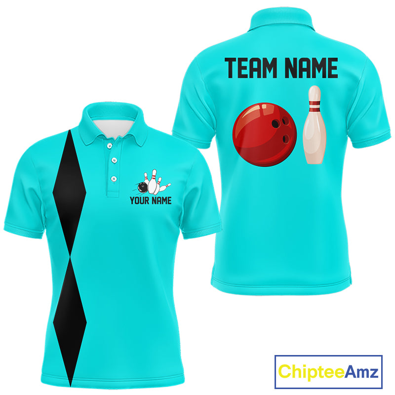 Personalized Retro Bowling Polo, 1/4 Zip Shirt For Men custom vintage bowling team jersey | Cyan Blue NQS11017