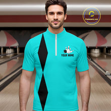 Load image into Gallery viewer, Personalized Retro Bowling Polo, 1/4 Zip Shirt For Men custom vintage bowling team jersey | Cyan Blue NQS11017