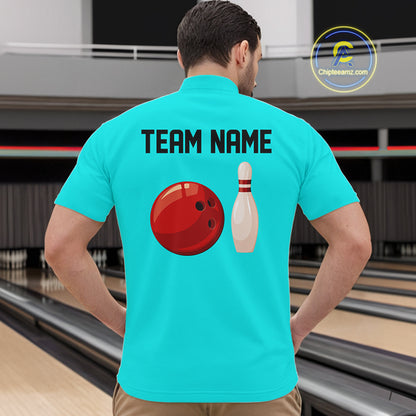 Personalized Retro Bowling Polo, 1/4 Zip Shirt For Men custom vintage bowling team jersey | Cyan Blue NQS11017