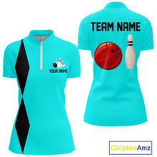 Load image into Gallery viewer, Personalized Retro Women Bowling Polo, 1/4 Zip Shirts custom vintage bowling team jersey | Cyan Blue NQS11017