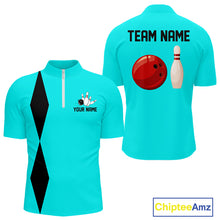 Load image into Gallery viewer, Personalized Retro Bowling Polo, 1/4 Zip Shirt For Men custom vintage bowling team jersey | Cyan Blue NQS11017