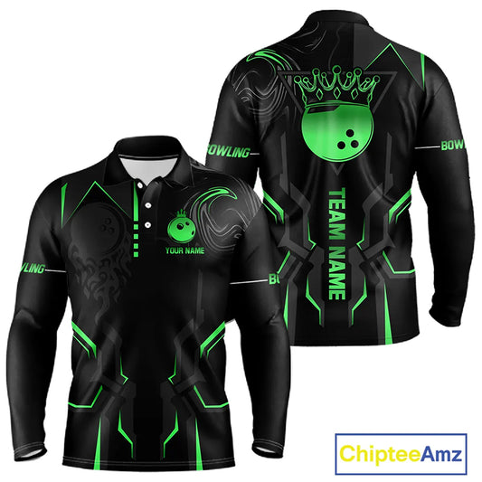 Black and Green Bowling Polo, Quarter Zip Shirts For Men Custom Bowling Crown Team Jerseys Outfits NQS11222