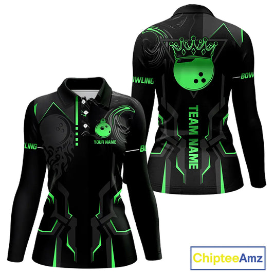 Black and Green Bowling Polo, Quarter Zip Shirts For Women Custom Bowling Crown Team Jerseys Outfits NQS11222