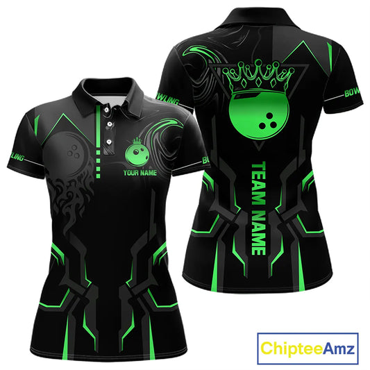 Black and Green Bowling Polo, Quarter Zip Shirts For Women Custom Bowling Crown Team Jerseys Outfits NQS11222