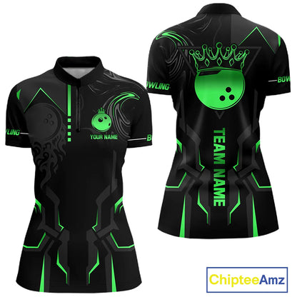 Black and Green Bowling Polo, Quarter Zip Shirts For Women Custom Bowling Crown Team Jerseys Outfits NQS11222