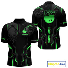 Load image into Gallery viewer, Black and Green Bowling Polo, Quarter Zip Shirts For Men Custom Bowling Crown Team Jerseys Outfits NQS11222